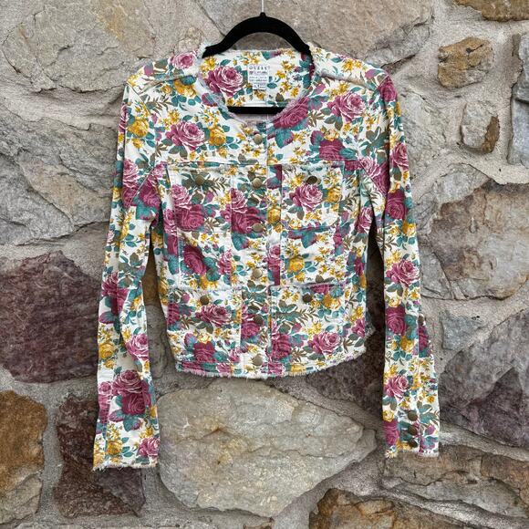 Floral Guess twill denim button front jacket size Small - Picture 2 of 9